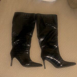 Black Croc-Embossed Knee-High Boots
